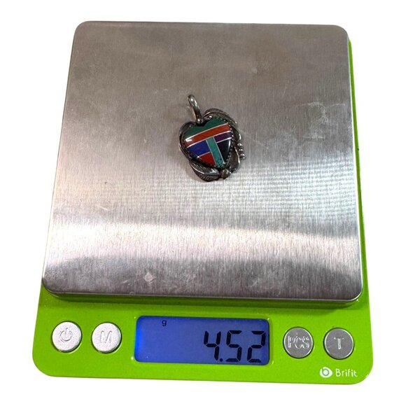 Vintage Sterling Silver Navajo E. Duggin Heart Pendant Inlaid Gemstone SW 4.52g - Picture 5 of 5
